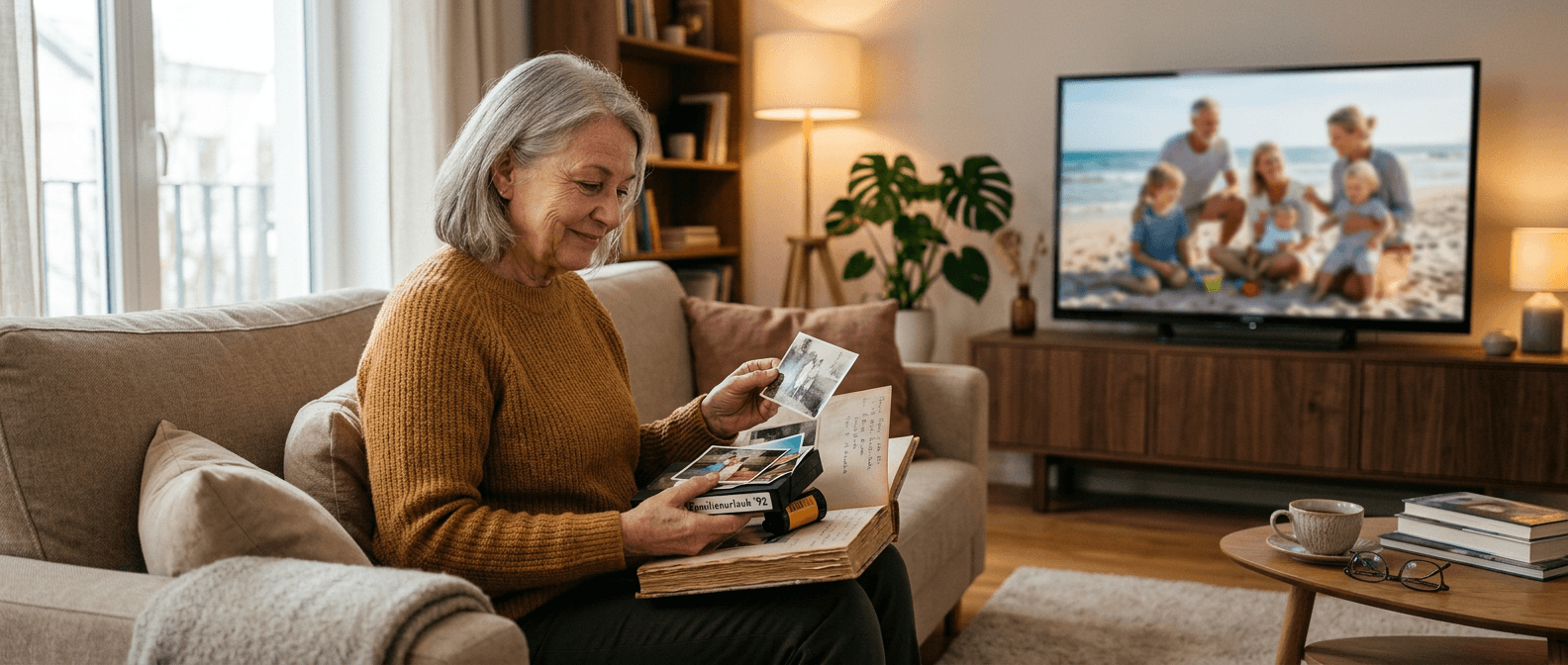 Ältere Dame betrachtet alte Fotos auf dem Sofa, im Hintergrund läuft ein digitalisiertes Familienfoto auf dem Fernseher